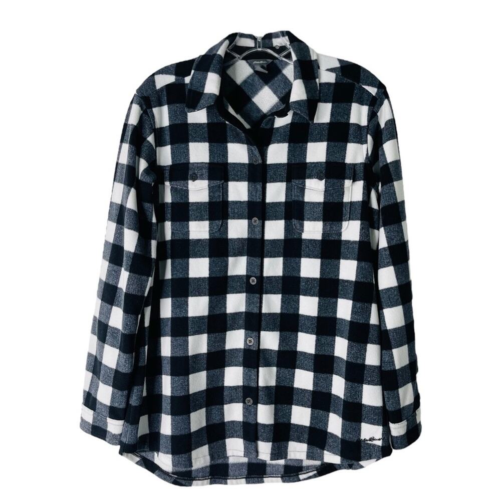 Eddie Bauer black white fleece buffalo plaid button front top shacket small